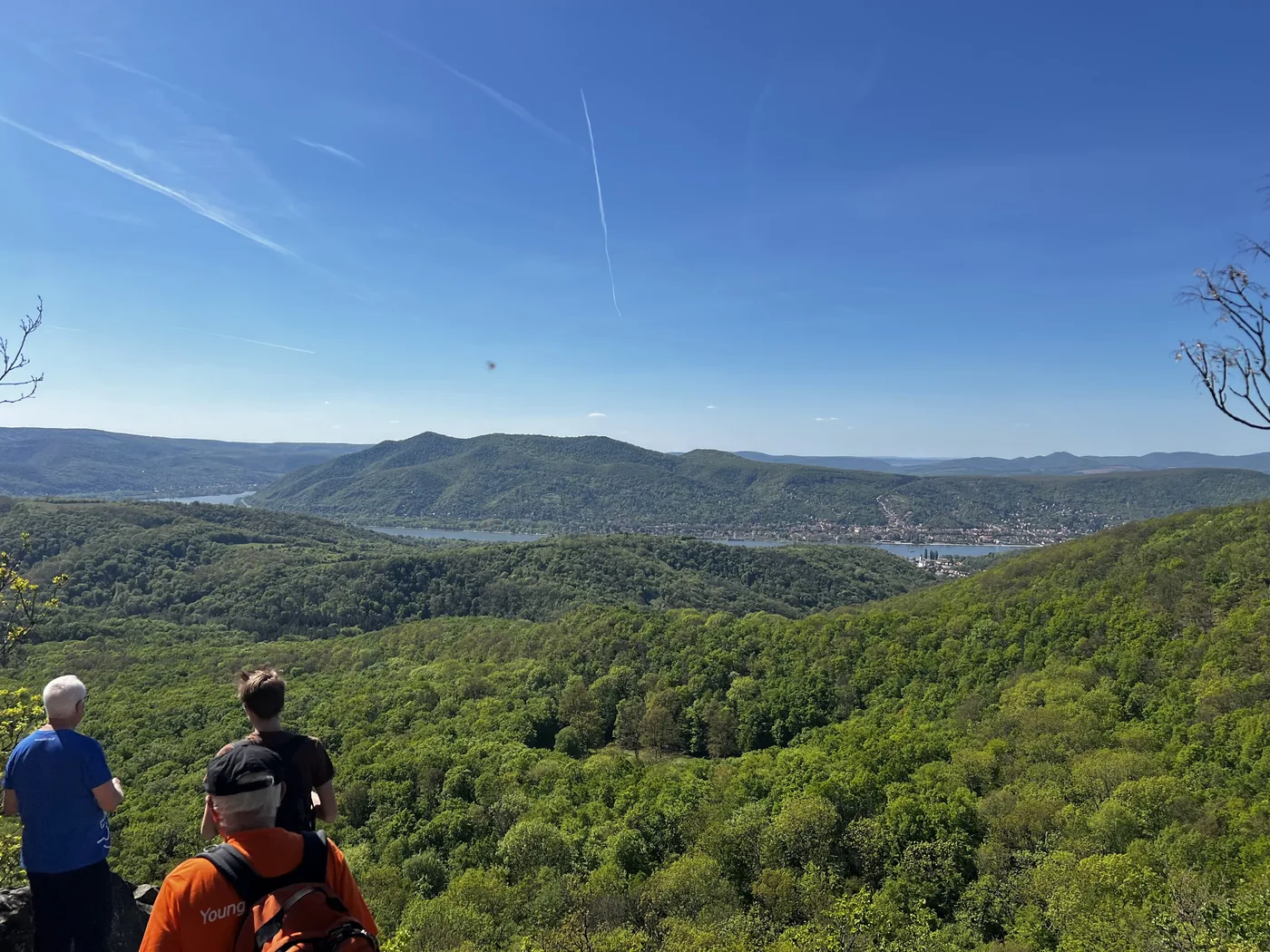 Wanderer geniessen den Blick über das Donauknie und die bewaldeten Hügel